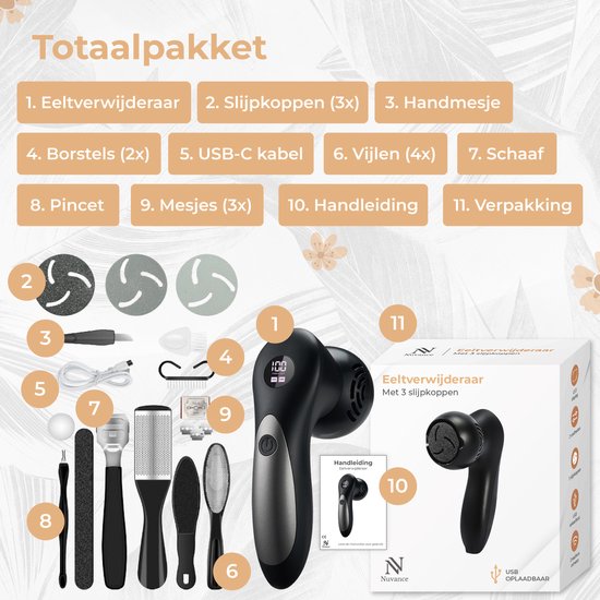Nuvance Elektrische Eeltverwijderaar - Incl. 3 Schijven - Eeltverwijderaars - 12 Delige Pedicureset - Voetvijl - Usb Oplaadbaar