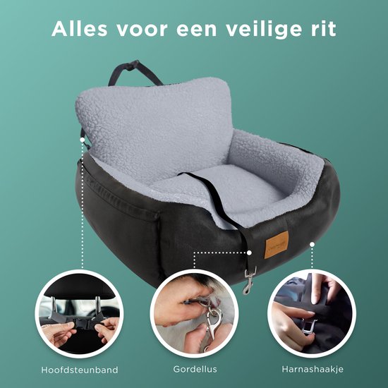 CozySense® Honden Autostoel - Hondenmand Auto met Veiligheidsriem & Opbergvak - Voor Kleine Hond - Voorbank of Achterbank - Zwart/Grijs