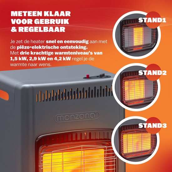 MONZANA Mobiele Gaskachel – 3 Warmteniveaus 4500W – Keramisch Zwart