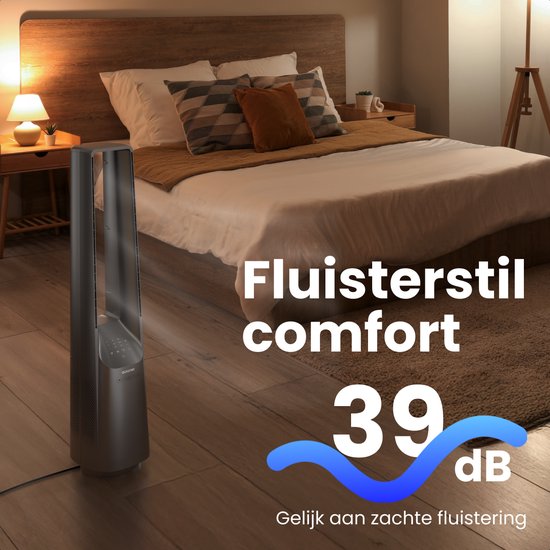 Auronic Torenventilator - Bladeless Model - Luchtkoeler - Vloerventilator - Stille Ventilator Staand - 101 CM - 6 Snelheden - Fan - Met Timer - 39 dB - Lichtgrijs