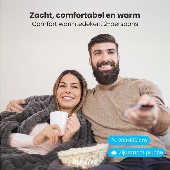 Auronic Elektrische Deken - 200 x 180cm - 2 Persoons - Warmtedeken - 3 Warmtestanden - Pluche - verwarmingsdeken - Antraciet