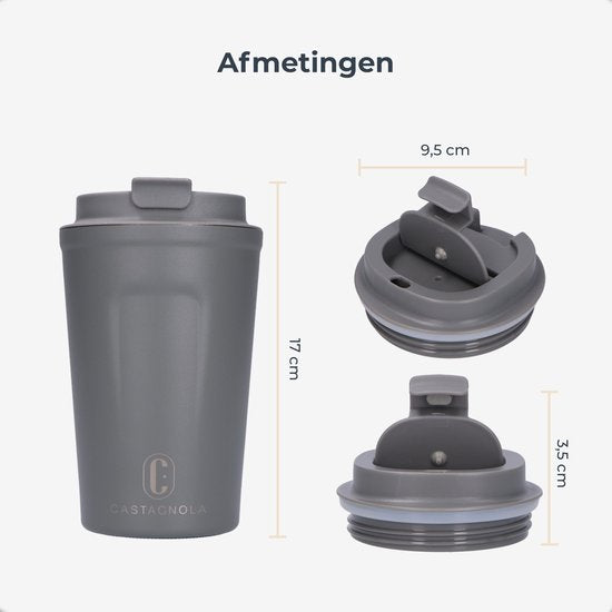 Castagnola Thermosbeker - Koffiebeker To Go - Travel Mug voor Koffie en Thee - Theebeker - 380 ML - RVS - Grijs