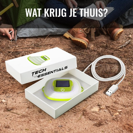 Tech Essentials Solar LED Lantaarn - Opvouwbaar - Groen - Tentlamp - Led Lamp Oplaadbaar - Kamperen - Nood - Storm - Hanglamp - Zonne Energie