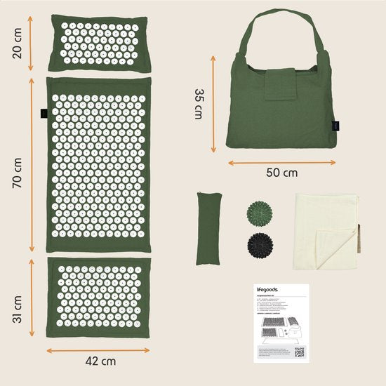LifeGoods Acupressuur Mat Eco - Complete Set - Kussen / Draagtas / 2x Triggerpoint Bal - Shakti mat - Spijkermat - 72x43x2cm - Groen/Wit