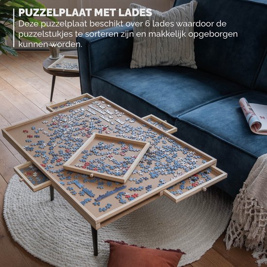 BR-2217 Puzzelplaat voor 1500 Puzzelstukjes met 6 Lades – Puzzelbord met Opbergsysteem -– Puzzelmat van Hout – Puzzeltafel inclusief Afdekplaat