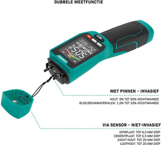 VONROC PRO Vochtmeter – Dubbele meetfunctie: invasief (met pinnen) en non-invasief (met sensor) – geschikt voor hout en bouwmaterialen - multicolor LCD scherm