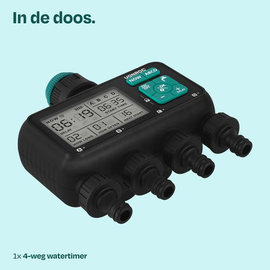 VONROC 4-weg watertimer – Besproeiingscomputer voor 4 zones – Instelbare bewateringstijd en -frequentie per zone