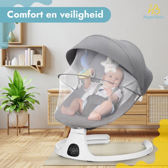 HeppieBabie Elektrische Wipstoel - Muziek en Swing Opties - 5 Punts Gordel - Babyschommel- Schommelstoel - Baby Swing - Met Ebook