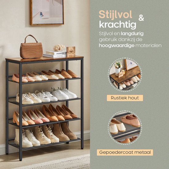 O'DADDY® Schoenenrek - 5 Laags - Schoenen Opbergsysteem - Schoenrek - Schoenenkast - Schoenkast - Industrieel Design - Bruin Hout - Zwart Metaal