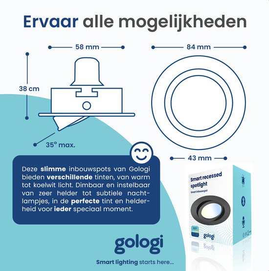 Gologi Slimme Inbouwspots - Smart LED Downlight Dimbaar - Kantelbaar - Warm Wit Licht - Gu10 LED Lamp - Zwart