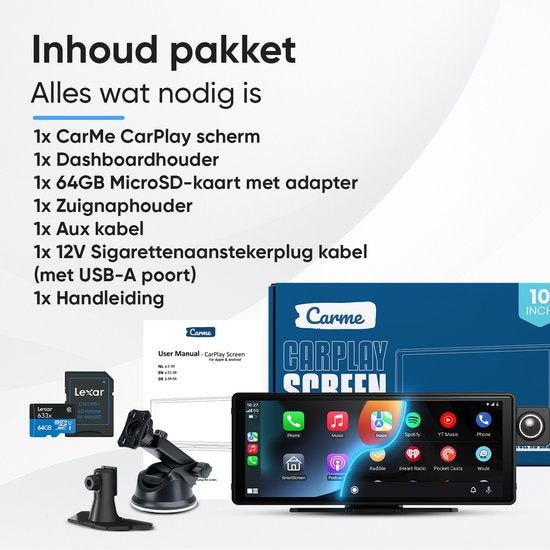 CarMe CarPlay Scherm 10 Inch - Met Ingebouwde Dashcam - Inclusief SD-Kaart - Apple CarPlay & Android Auto (Draadloos) - Touchscreen - Navigatiesysteem auto - Geschikt voor Apple CarPlay & Android Auto - Android Auto scherm