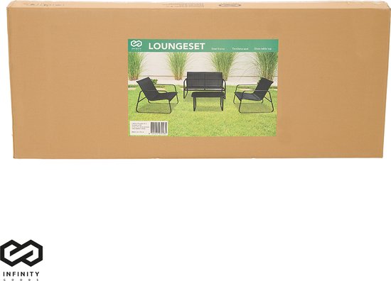 Infinity Goods Tuinset – Incl. Bank, 2 Stoelen & Glazen Tafel – Zwart/Antraciet