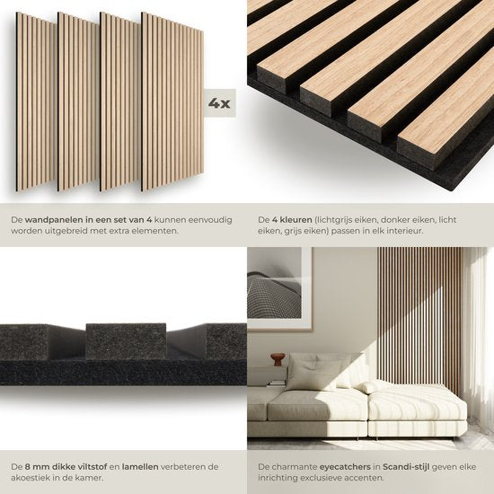 tectake® Akoestische Panelen - Set van 4 - Akoestisch Wandpaneel - 60 x 120 cm - 2,88 m² - Wandpanelen met Aanpasbare Grootte - Lattenwand van MDF en Houtfineer - Geluidsisolatie - Stijlvolle Wanddecoratie - Eenvoudige Montage - Licht Eiken
