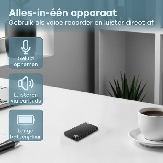 Audyn Voice Recorder - 200 Uur Audio Opname - Afluisterapparatuur op Afstand - Dictafoon - 360° HD Opnames - 16GB - Zwart