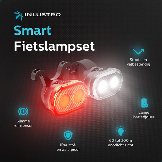 Inlustro Smart Fietslamp Set - Achterlicht met Remsensor / Zadelbevestiging - LED Fietslampjes Rood en Wit - Fietslicht Koplamp Voorlicht - USB Oplaadbaar / Waterdicht