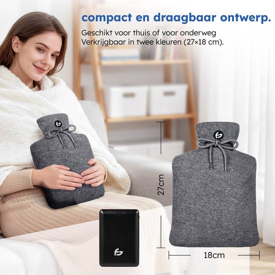 Elektrische Kruik – 3 standen – Kruik – 10.000 mAh Powerbank – Wasbare Hoes – Oplaadbare Kruik – Original Grey – Saaf Comfort