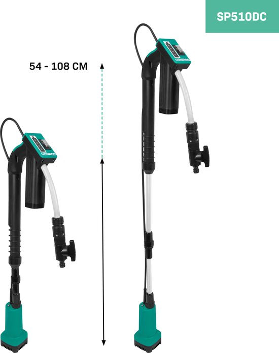 VONROC Regentonpomp 12V met accu - 50W - 1500 lt/u - met droogloopbeveiliging - universele tuinslangkoppeling - inclusief accu en oplader