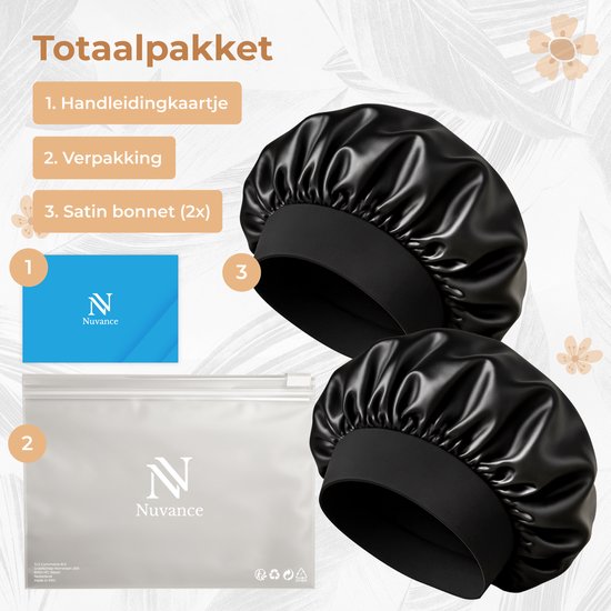 Nuvance Bonnet Satijn - Set van 2 Stuks - Satijnen Slaapmuts Verstelbaar - Satin Bonnet - Unisex - Zwart