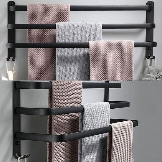 Handdoekrek voor in de badkamer, handdoekhouder voor in de keuken, meerlaags wandhanddoekrek, zwart met haken, aluminium handdoekhouder - 50 cm, zwart, 3 lagen