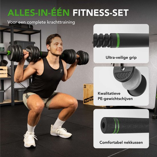 Tunturi Halterset en Dumbbells Vinyl 20 kg – Gewichten Set met Kettlebell en Barbell – Opdruksteunen - Schroefsluiting 30 mm – Anti-Slip Grip