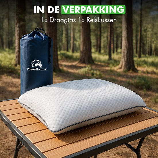 Travelhawk Reiskussen - Kampeerkussen - Nekkussen - Mini Hoofdkussen - Memory Foam - Inclusief Opbergtasje – Compact & Ademend – 55x36x11cm