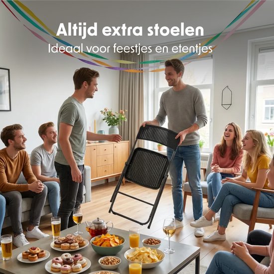 LifeGoods Klapstoelen Set van 4 - Tuinstoelen Inklapbaar - Zwart Rotan Look - Vouwstoelen - 200kg Draagkracht