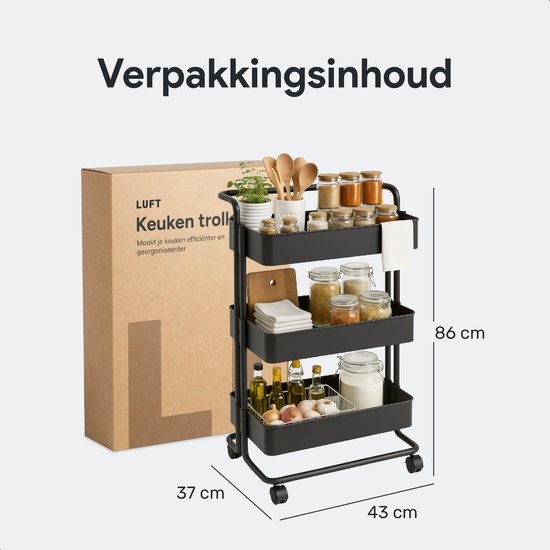 Keuken trolley op Wieltjes - 3 laags - Keukenrek - Serveerwagen - Kastje - Karretje - Opberg - Douche kastjes staand - Rekje - Zwart - Luft