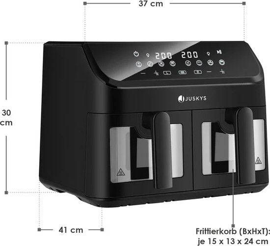Juskys – Heteluchtfritteuse Dual Zone – 9 l – Voorzien Van 2 Kamers En Smart Finish Functie – Voor Gezond Bakken En Frituren – Zwart Kunststof En Staalplaat