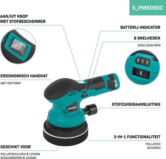 VONROC Polijstmachine 12V - Ø 125mm - dual action - 2-in-1: polijsten en schuren - Incl. Accu, usb-c kabel, 4 polijstschijven en schuurpapier