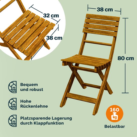 Casaria Tuinset - 2 Stoelen 1 Tafel Inklapbaar Weerbestendig - Acacia