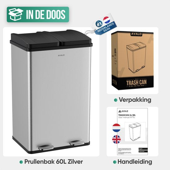Avalo - Afvalscheiding Prullenbak met 2 vakken - 60 Liter - RVS - Zilver - 71x47x36 CM