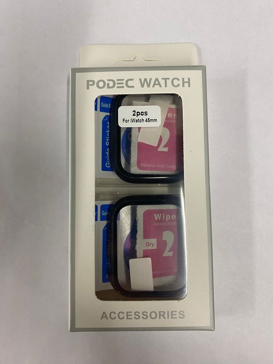 Hoesje geschikt voor Apple Watch Serie 7 / 8 / 9 - 45 mm Screen Protector - 2 Stuks - Full Cover Hard Case - Zwart - Podec