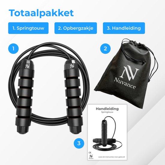 Nuvance - Professioneel Sport Springtouw - Verstelbaar - Speedrope - Jump Rope - voor Volwassenen en Kinderen - Zwart