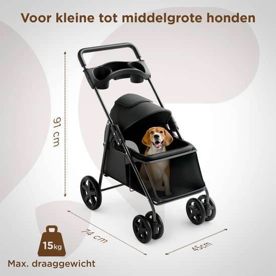 Trevopet® Hondenbuggy Inklapbaar - Wandelwagen - Buggy voor Kleine en Middelgrote Honden tot 15 kg - Waterafstotend met Bekerhouder - Zwart