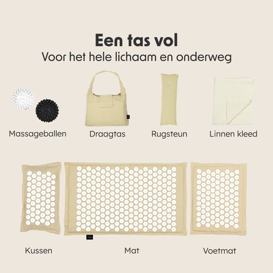 LifeGoods Acupressuur Mat Eco - Complete Set - Kussen / Draagtas / 2x Triggerpoint Bal - Shakti mat - Spijkermat - 72x43x2cm - Beige/Wit