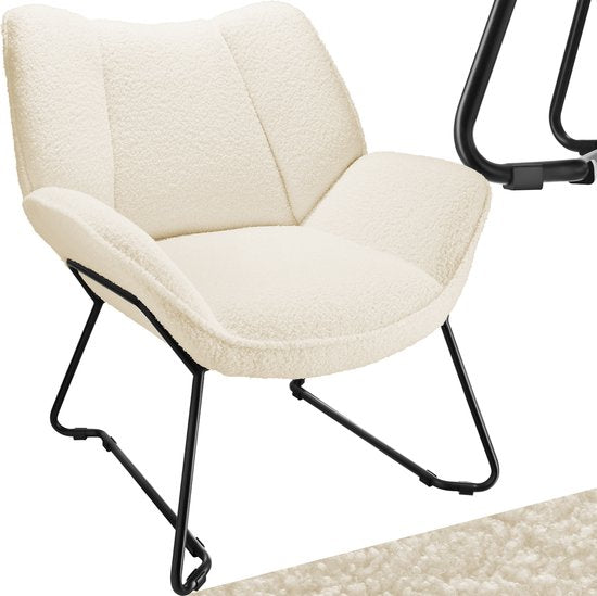 tectake® Loungefauteuil - Ronde relaxfauteuil - Teddyfauteuil - Gestoffeerde stoel - Bouclé bekleding - Leesfauteuil van pluche - Scandinavische stijl - creme wit