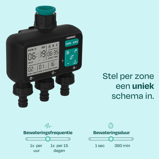 VONROC 3-weg watertimer – Besproeiingscomputer voor 3 zones – Instelbare bewateringstijd en -frequentie per zone