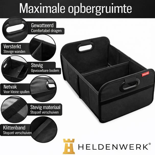 HELDENWERK kofferbaktas opvouwbaar en stabiel - kofferbakorganizer boodschappentas voor praktische opslag - autovouwdoos, kofferbakdoos (zwart)
