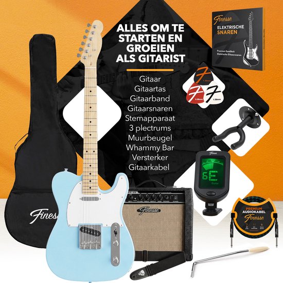 Finesse Elektrische Gitaar met Versterker - met Videocursus - TE Gitaar - Volwassenen - Kind - Blauw