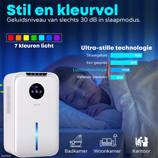 Swinkle Luchtontvochtiger 2.5L – Ontvochtigt tot 1L per dag – Dehumidifier met Ionisator & 7-Kleuren LED – Stil & Energiezuinig – Voor Slaapkamer, Badkamer & Woonkamer – Wit