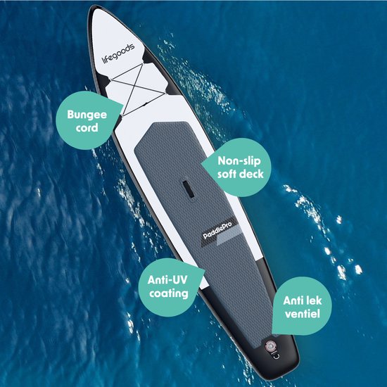 LifeGoods SUP Board Touring - 165 KG Draagkracht - 365 x 76 cm - Opblaasbaar - Compleet Sup pakket - Wit/Zwart