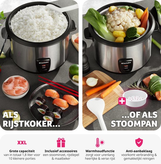 tectake® Rijstkoker - Stoompan en rijstmaker met stoominzet - Kookpot voor de keuken met groot volume van 1,8L - Maximaal 10 porties kleefrijst, volkoren rijst of sushirijst