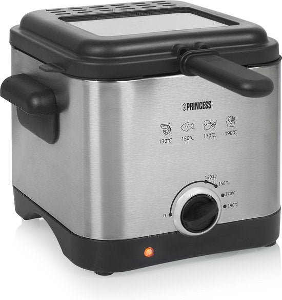 Princess Mini friteuse 182612 - 1.5 Liter - Regelbare thermostaat - Geurfilter - Kijkvenster - Compact - Geschikt voor camping - 1000W - geborsteld RVS