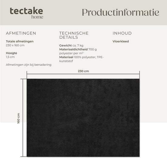 tectake® Kortpolig Vloerkleed - 160 x 230 cm - Zwart - 1630 g/m² Poolgewicht - Tapijt voor Woonkamer, Slaapkamer, Eetkamer - Onderhoudsvriendelijk en Wasbaar - Antislip Ondertapijt - Allergievriendelijk - Diverse maten en kleuren