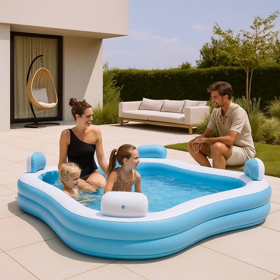 Creative Kids - Vierkant Familiezwembad - Opblaasbaar - 4 Loungestoelen - 183 x 183 x 51 cm - Drankjeshouders - Hoofdsteunen