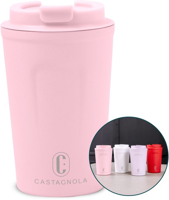 Castagnola Thermosbeker - Koffiebeker To Go - Travel Mug voor Koffie en Thee - Theebeker - 380 ML - RVS - Roze