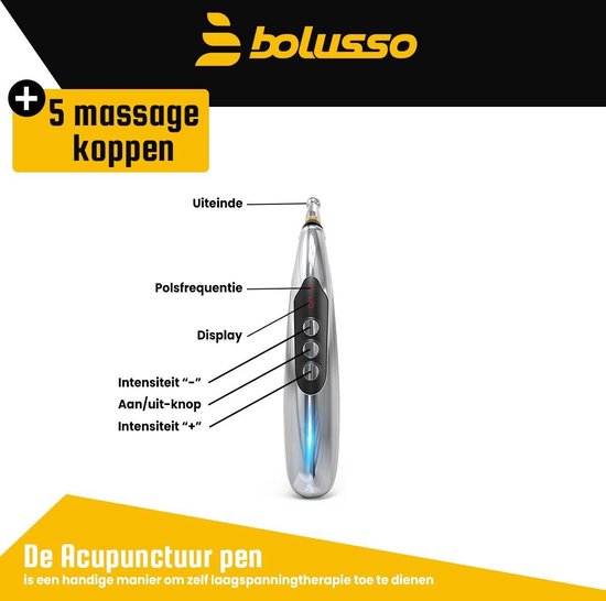 Bolusso Complete Acupunctuur Pen Set – Inclusief 5 Kopstukken, Nederlandse Handleiding – Massage Pen en Hulpmiddel – Oplaadbaar - Inclusief Gel Potjes