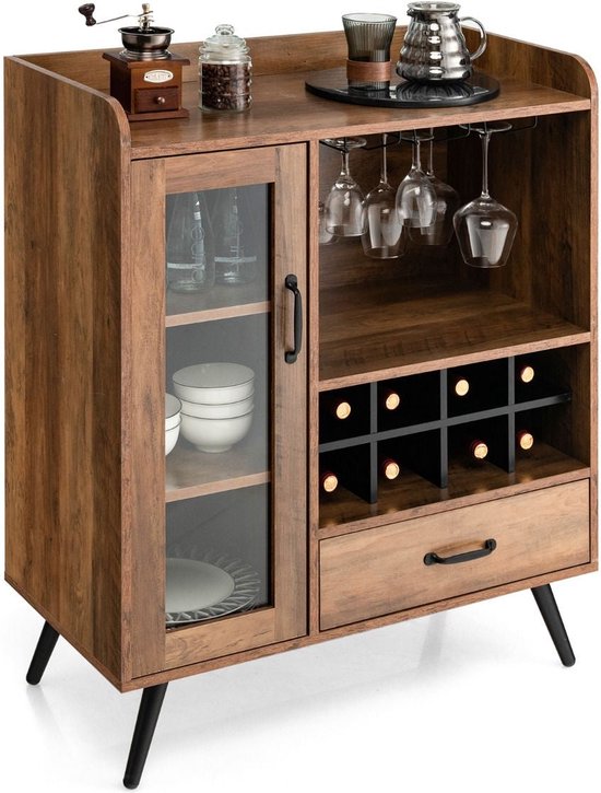 Coast Vintage Wijnkast - Met Wijnrek en Glazenhouders - 1 Lade 1 Deur - 80 x 40 x 95 cm - Hout