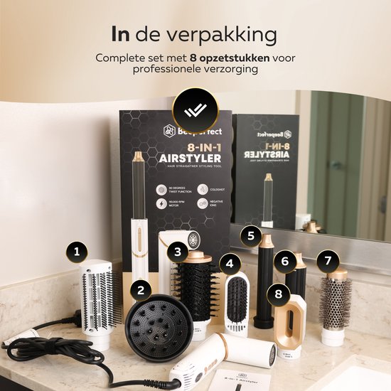 Beeperfect® Airstyler 8 in 1 - Multistyler - Krultang - Föhnborstel - Hairwrap - Föhnborstel - Met Diffuser - Haardroger - Krulborstel