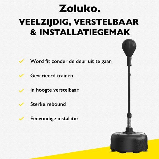 Zoluko Professionele Boksbal op Voet - Incl. E-Book - Verstelbaar in Hoogte 120-160cm - Voor Binnen en Buiten - Bokstrainer - Boksbal op Standaard - Boksset - Boksbal Staand - Boxing – Thuis Sporten – Bokspaal - Zwart